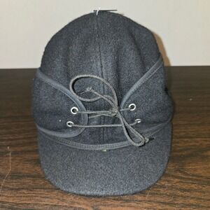 CrownCap Ear Flap Hat Size 6 1/4 Kids Black Wool Blend Lace Up Winter Cap 1-170